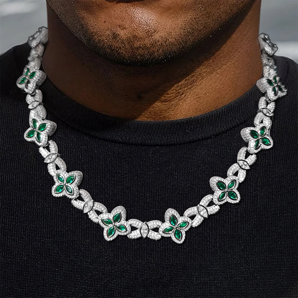 Marquise Cut Emerald&Diamond Men's Clover Necklace