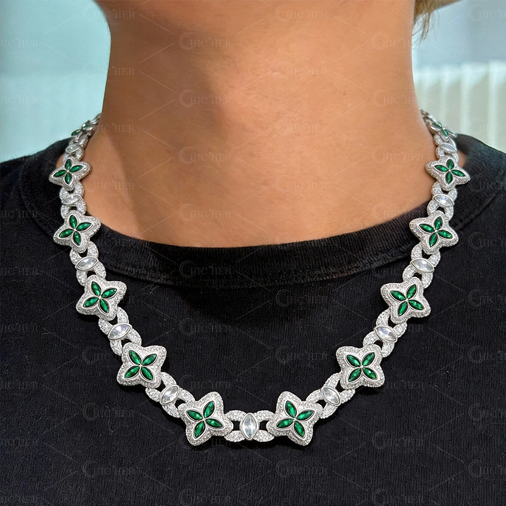 Marquise Cut Emerald&Diamond Men's Clover Necklace