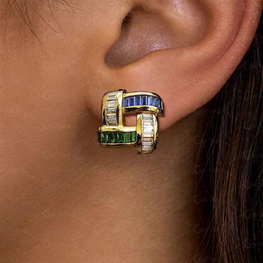 Emerald Cut Three-tone Weave Stud Earrings