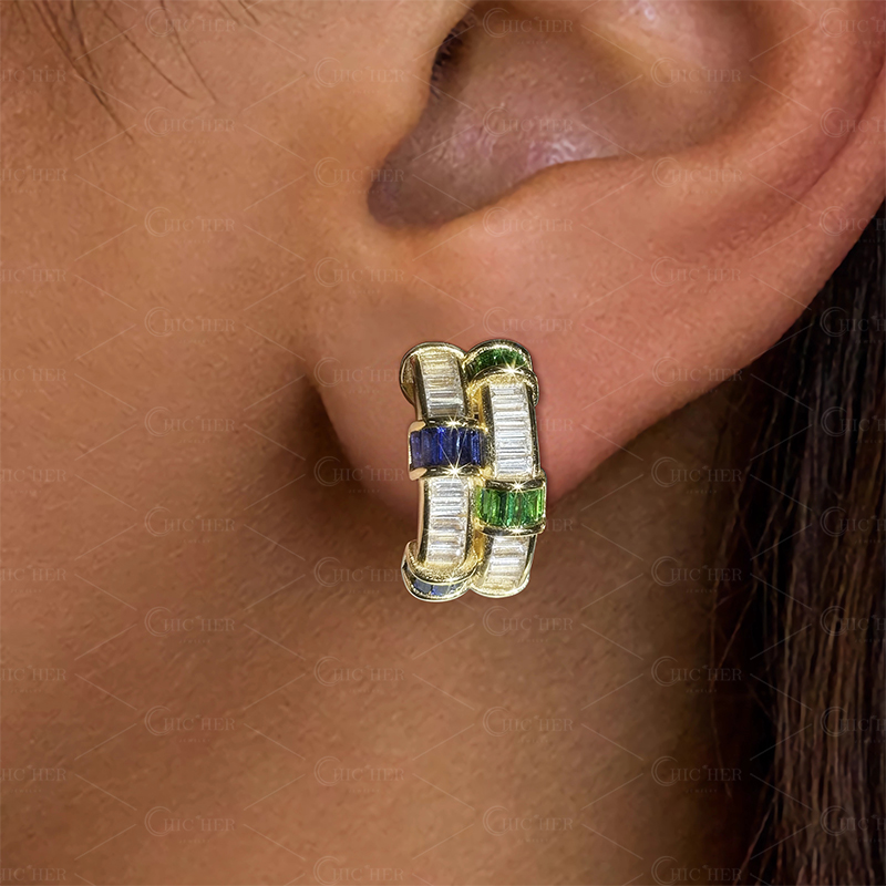 Emerald Cut Multi-color Gemstone Hoop Earrings