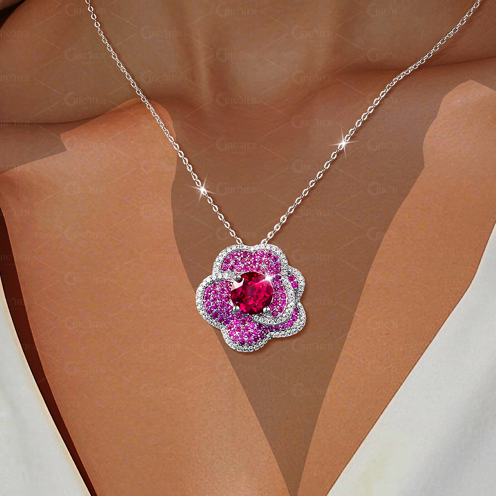 Fashion Rose Design Round Cut Garnet Sapphire Necklace