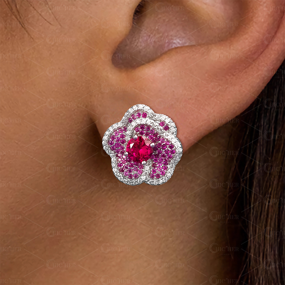 Rose Design Pave Setting Three-tone Stud Earrings