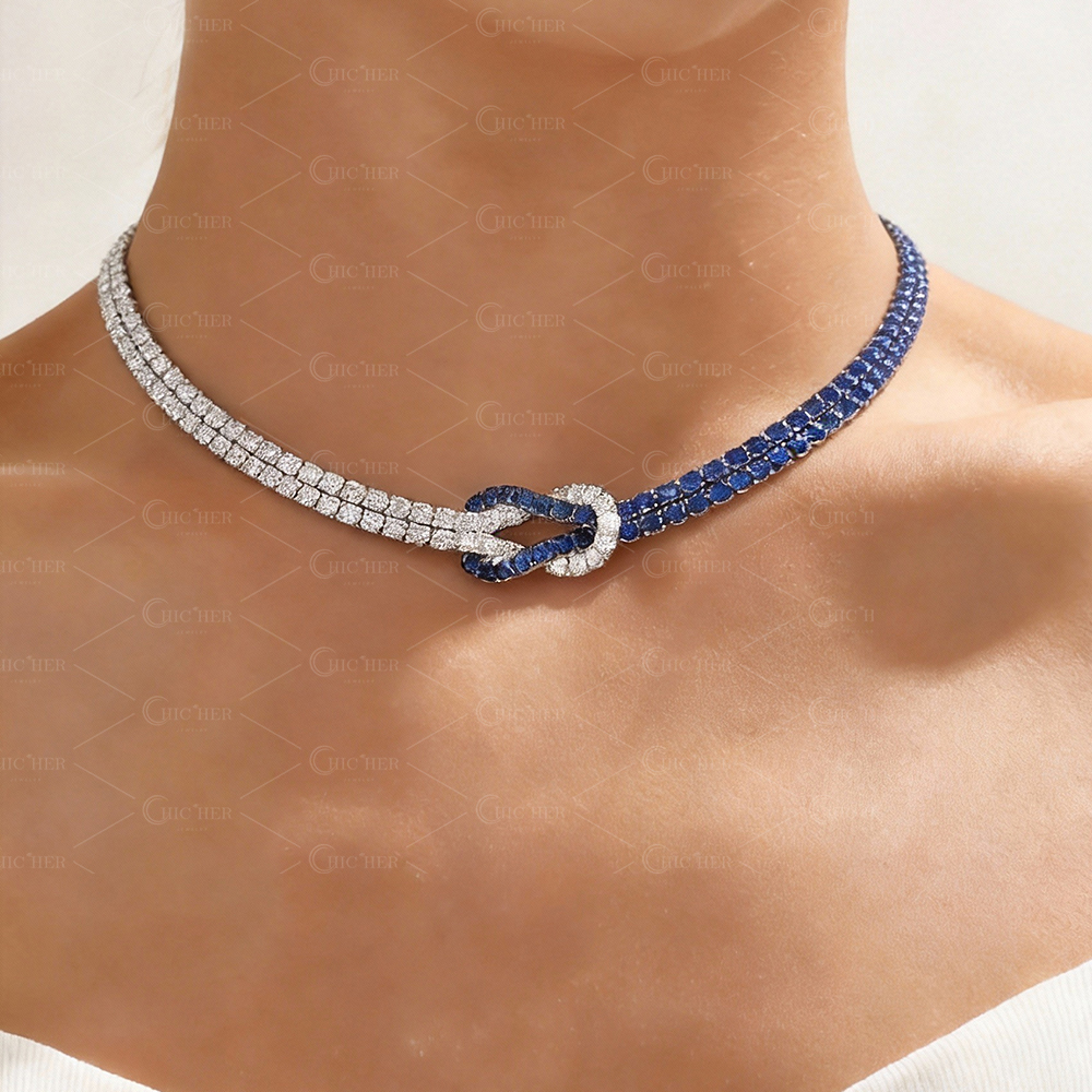 Two Tone Round Cut Sapphire&Diamond Knot Necklace