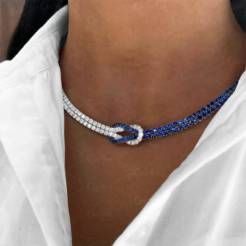 Two Tone Round Cut Sapphire&Diamond Knot Necklace