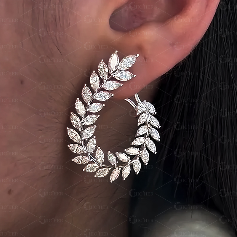 Leaf Design Marquise Cut White Sapphire Hoop Earrings