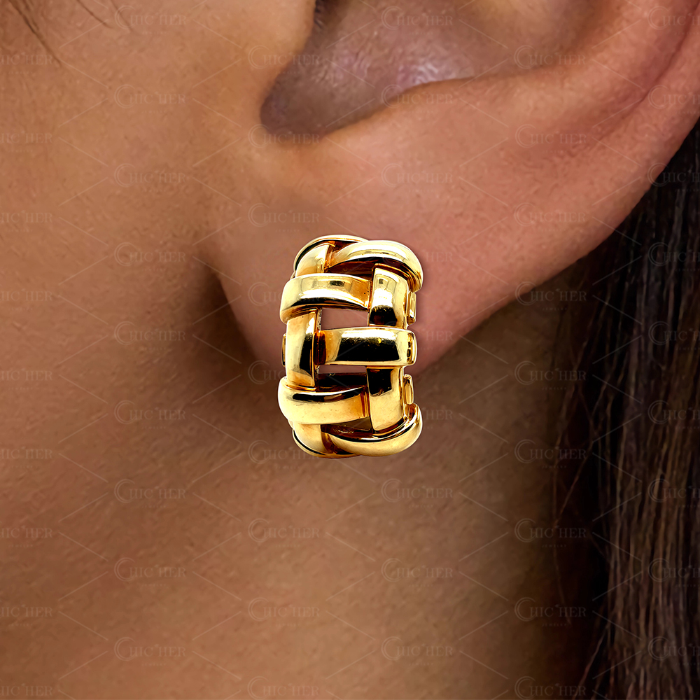 Basket Weave Sterling Silver Hoop Earrings In Gold Plating
