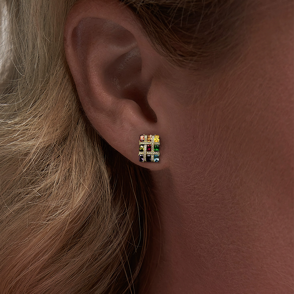 Basket Weave Design Rainbow Sapphire Stud Earrings