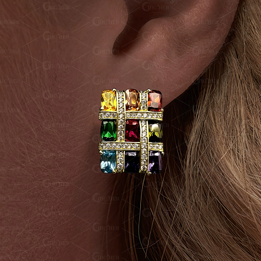 Basket Weave Design Rainbow Sapphire Stud Earrings
