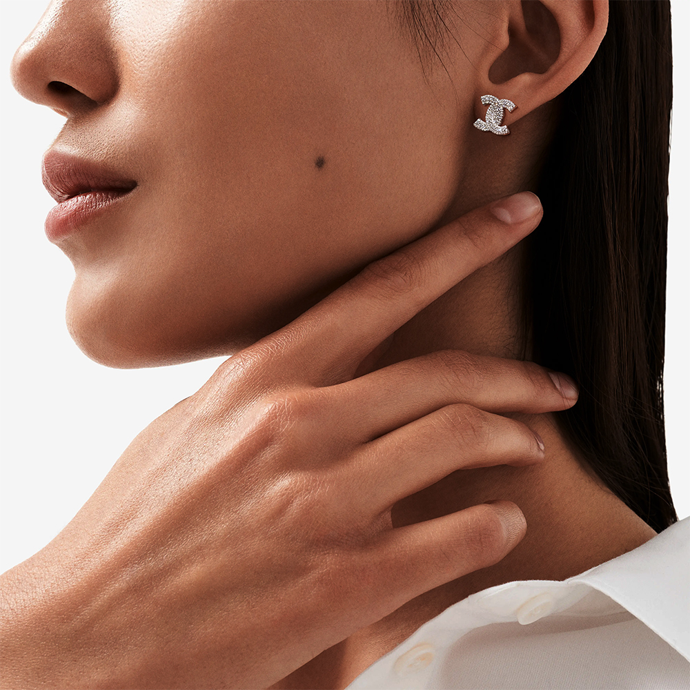 Double C Design White Diamond Micro Pave Stud Earrings