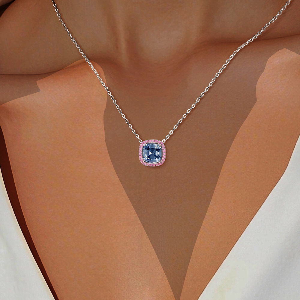 Pink Halo Cushion Cut Aquamarine Sapphire Pendant Necklace