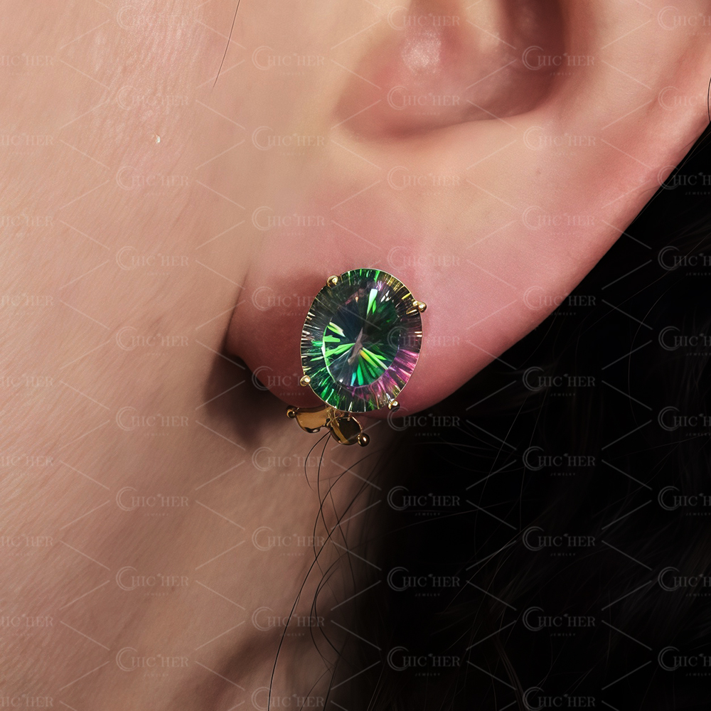 Oval Mystic Topaz Stud Earrings 14K Yellow Gold