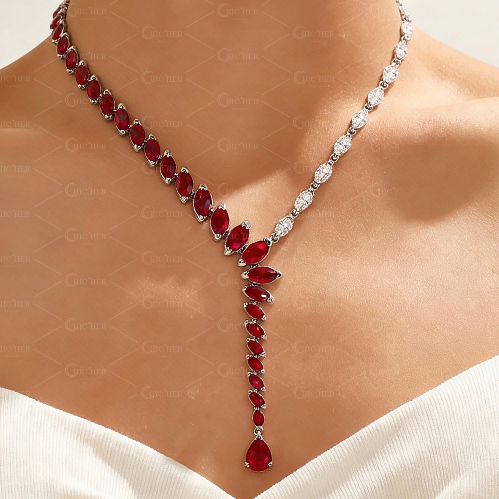 Pear&Round Cut Ruby Sapphire Statement Necklace