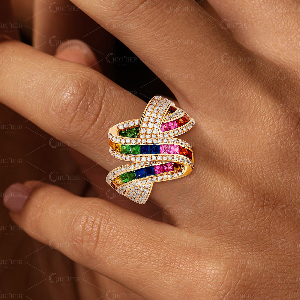 4.35ct Ribbon design Princess Cut Rainbow Sapphire Ring