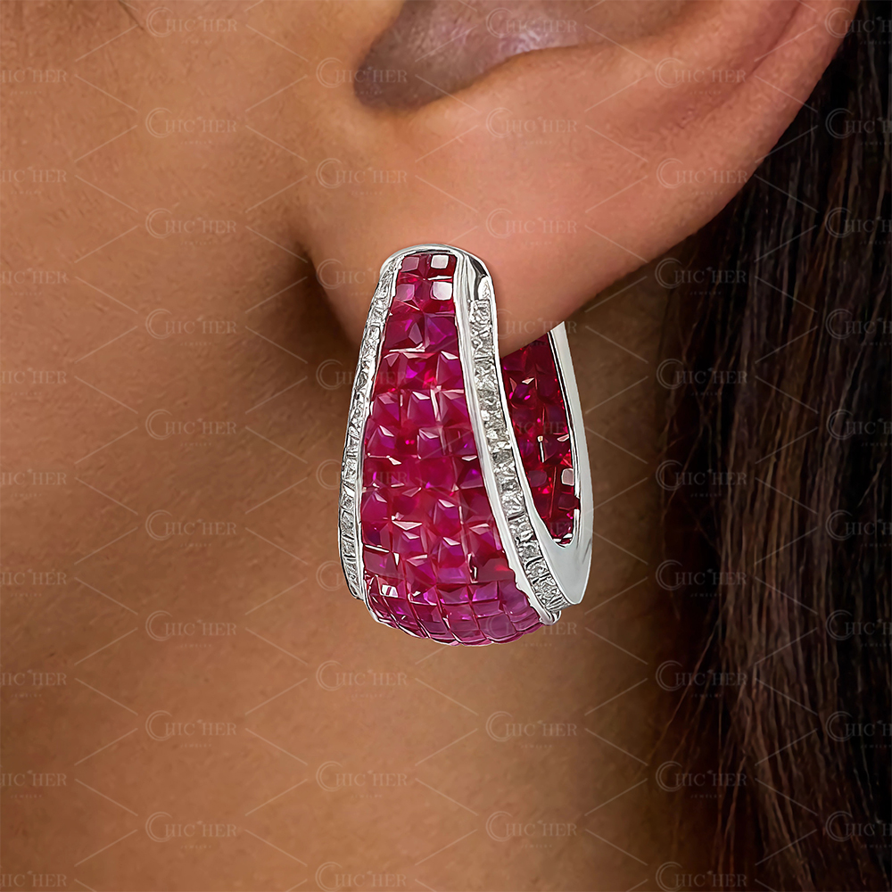 Invisible Setting Princess Cut Ruby Sapphire Hoop Earrings