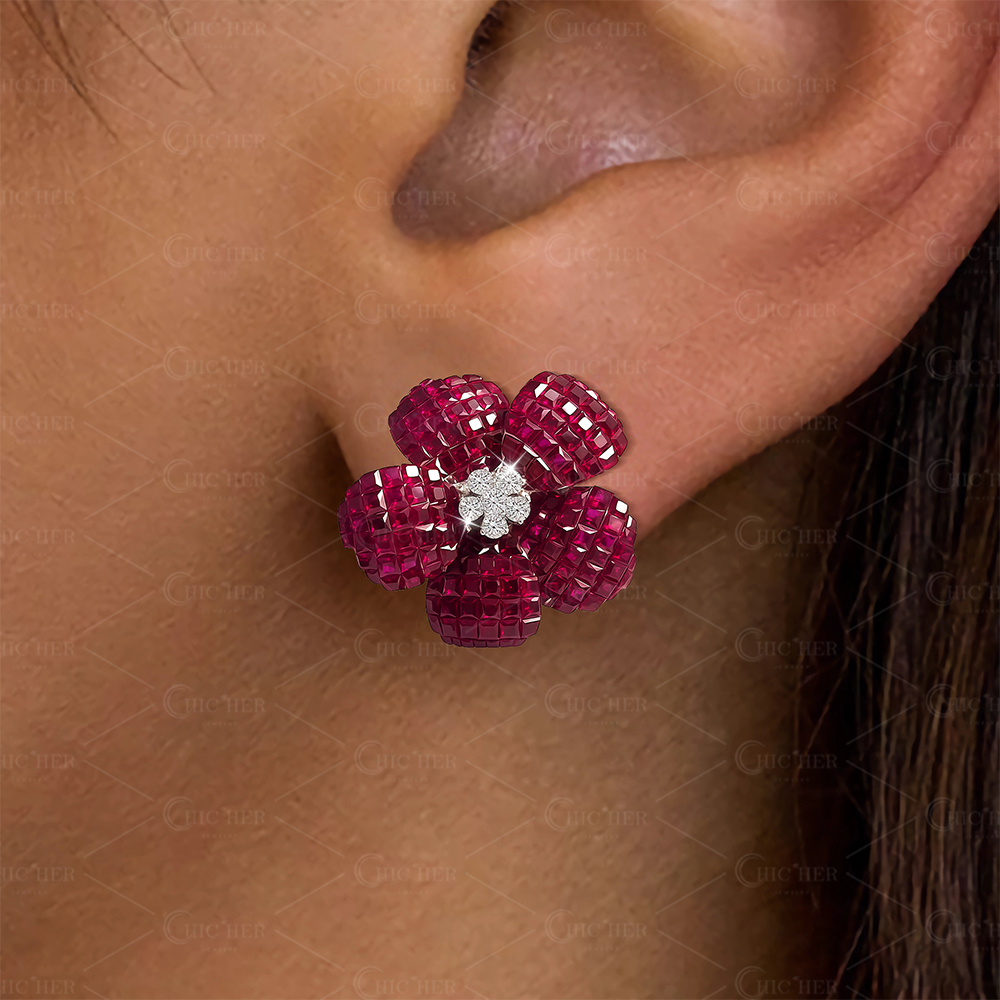 Flower Design Ruby Sapphire Stud Earrings
