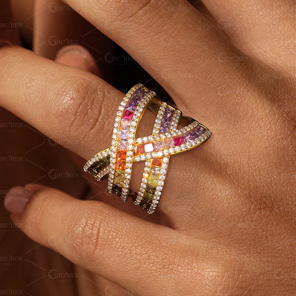 Bypass Design 6.2ct Princess Cut Rainbow Sapphire Wedding Band