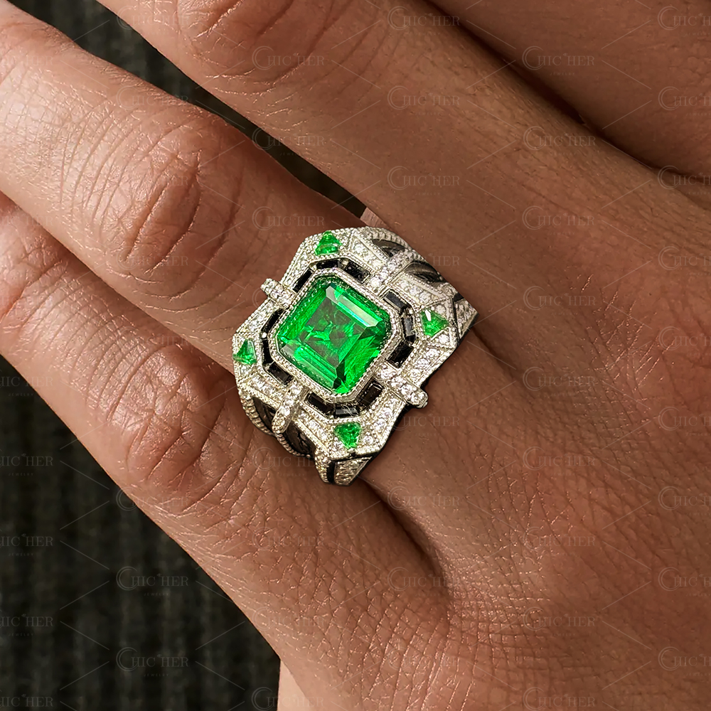 Art Deco 5ct Asscher Cut Emerald Sapphire Ring for Men
