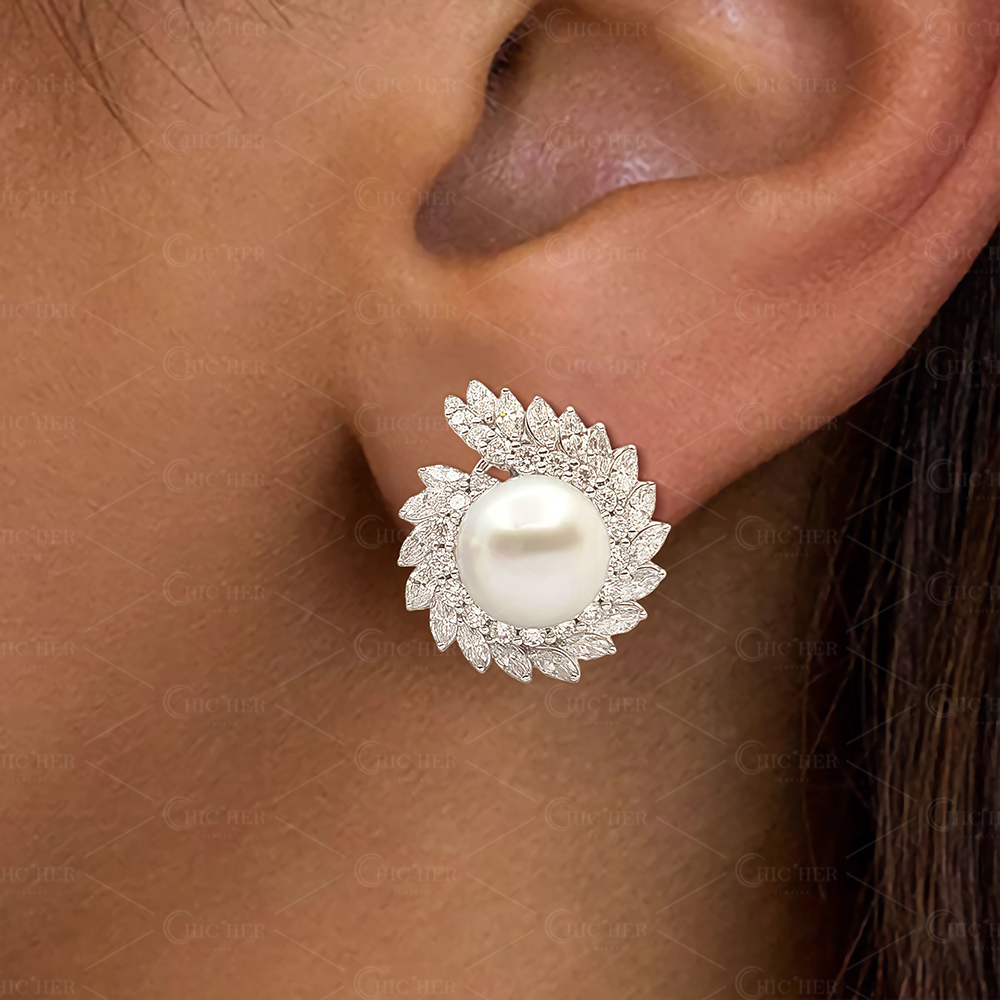 Art Deco Pearl&White Sapphire Stud Earrings