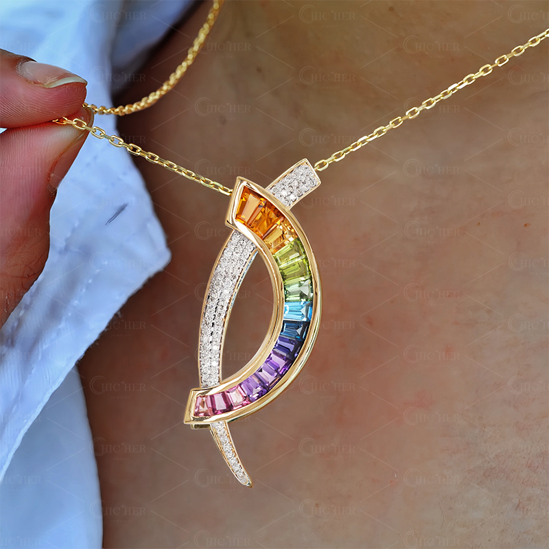 Dual-purpose Rainbow&White Sapphire Pendant Necklace/Brooch