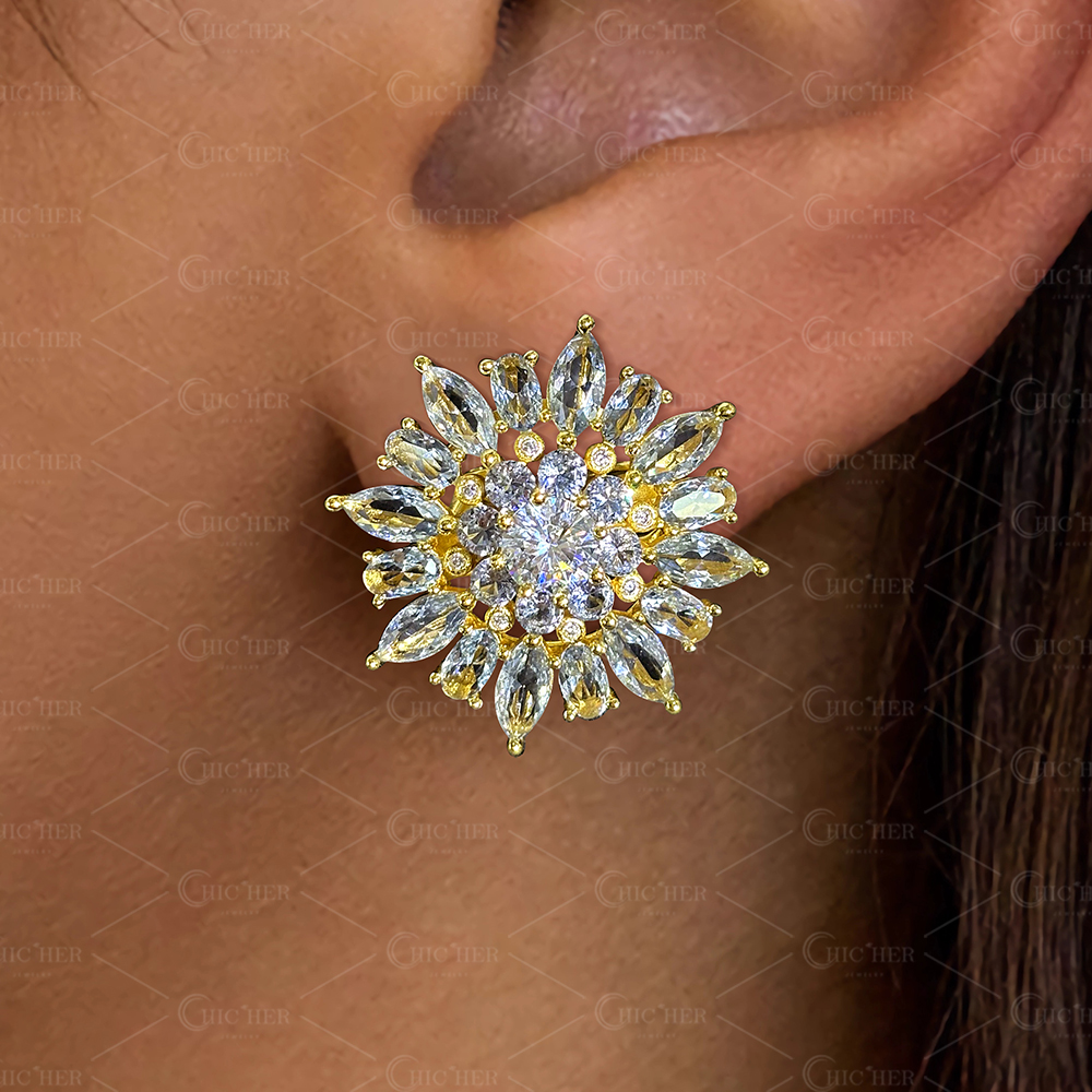 Sun Flower Aquamarine Sapphire Stud Earrings