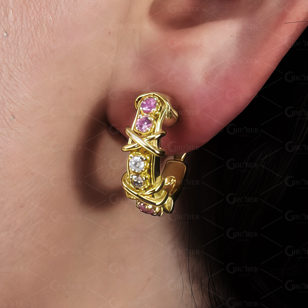 Two Tone Round Cut Pink&White Sapphire Hoop Earrings