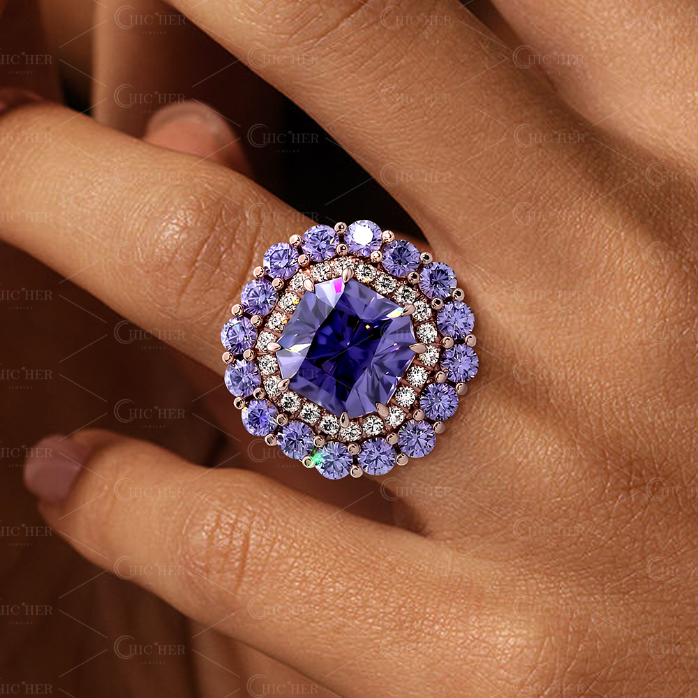 Double Halo 4ct Radiant Cut Amethyst Sapphire Engagement Ring