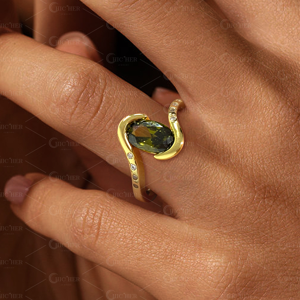 Bypass Design 4ct Oval Cut Tourmaline Green Sapphire Engagement Ring