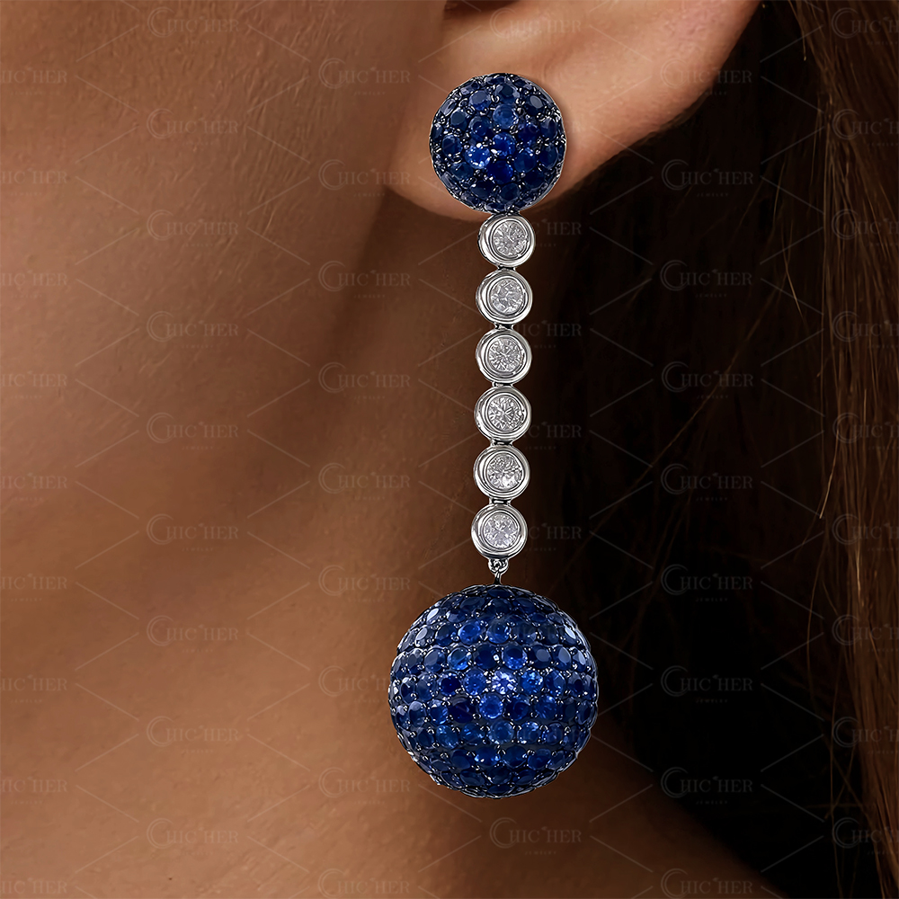 Ball Design Round Cut Sapphire&Diamond Dangle Earrings