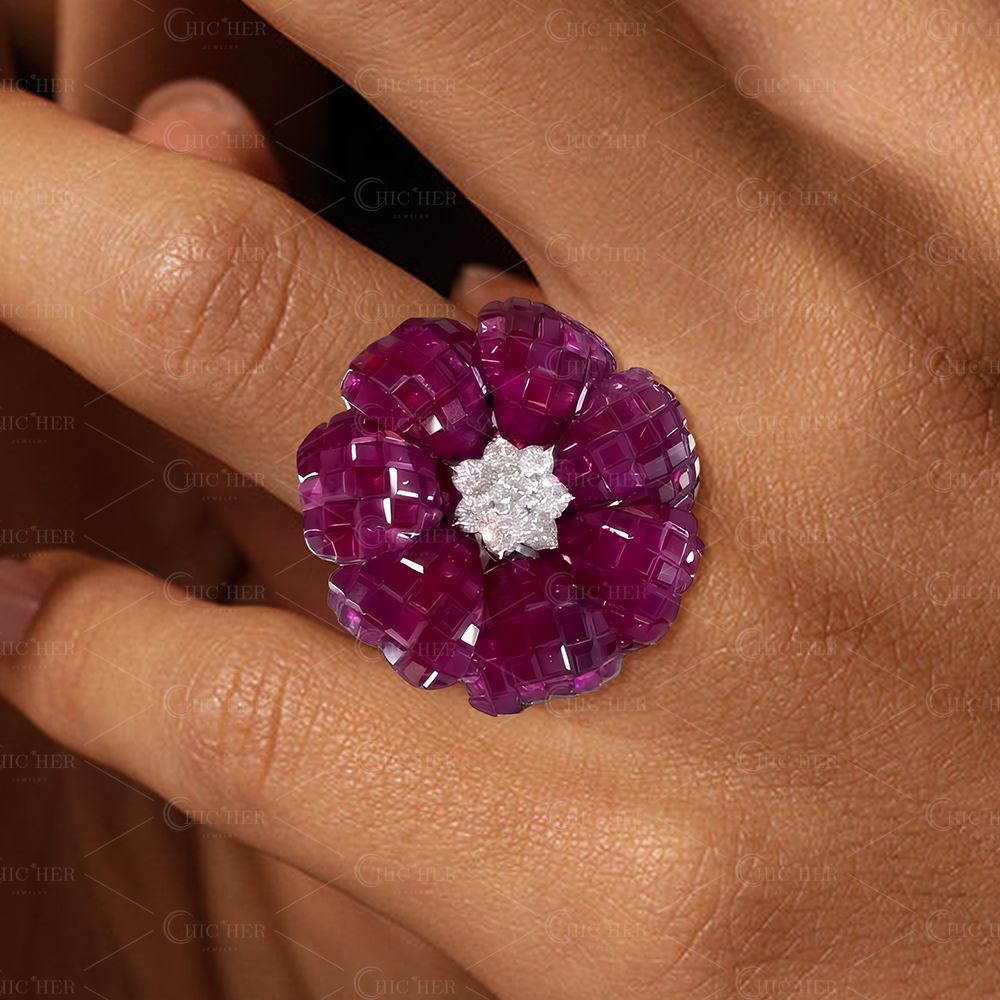 Flower Design 9.6ct Ruby&White Sapphire Cocktail Ring