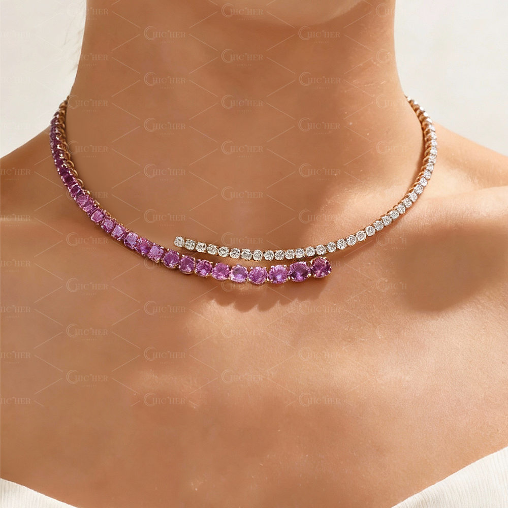 Two Tone Pink&White Sapphire Open Choker Necklace