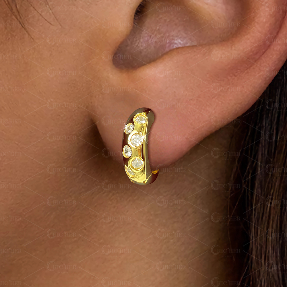 Round Cut Scattered Diamond Huggie Earrings