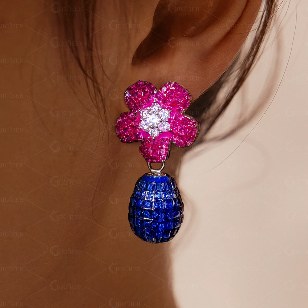 Flower Design Invisible Setting Diamond&Ruby&Sapphire Dangle Earrings
