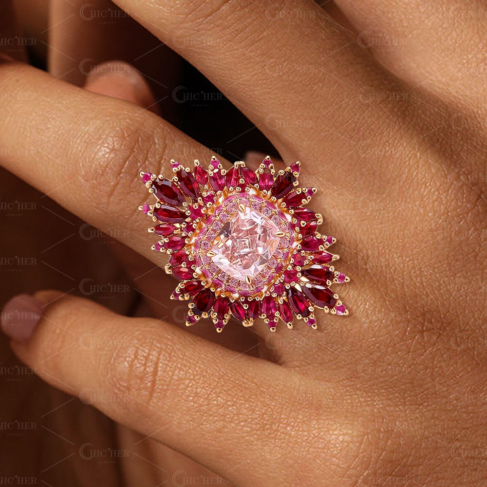 Ruby Halo 2ct Cushion Cut Pink Sapphire Cocktail Ring