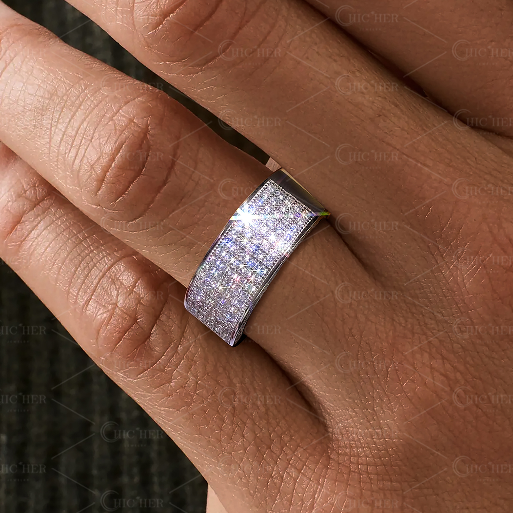 Pave Setting 1.3ct Round Cut White Sapphire Men's Wedding Band