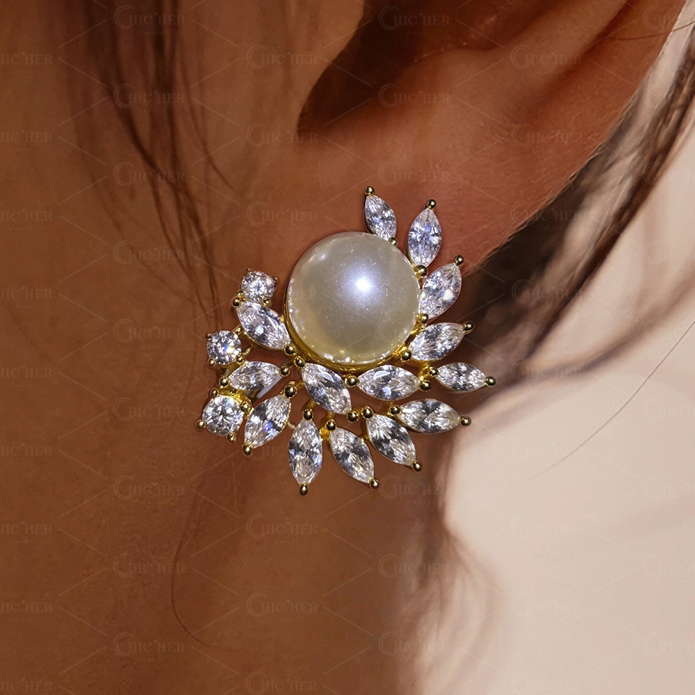 Art Deco Gold Pearl&Diamond Stud Earrings