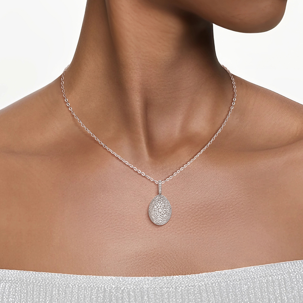 Pave Setting Round Cut White Sapphire Egg Pendant Necklace