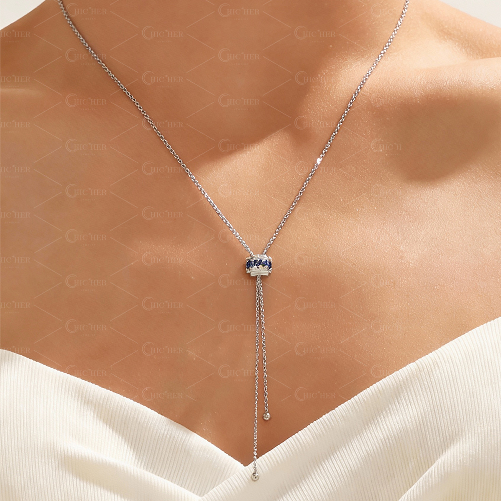 Round Cut Sapphire&Diamond Lariat Necklace