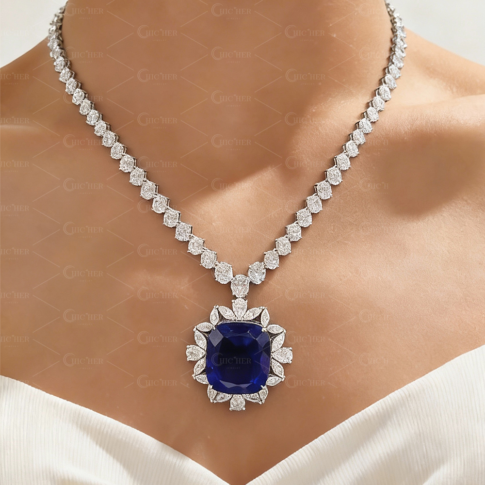 Halo Cushion Cut Blue Sapphire Pendant Necklace