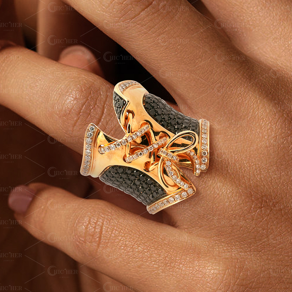 Bustier Design 2.95ct Black&White Sapphire Pave Cocktail Ring