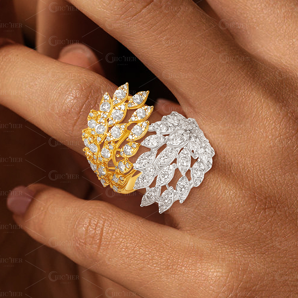 Two Tone Leaves 1.8ct Round Cut White Sapphire Cocktail Ring