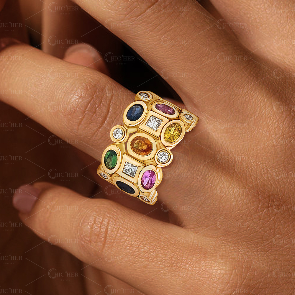 Three Row 5.85ct Rainbow Sapphire Wedding Band