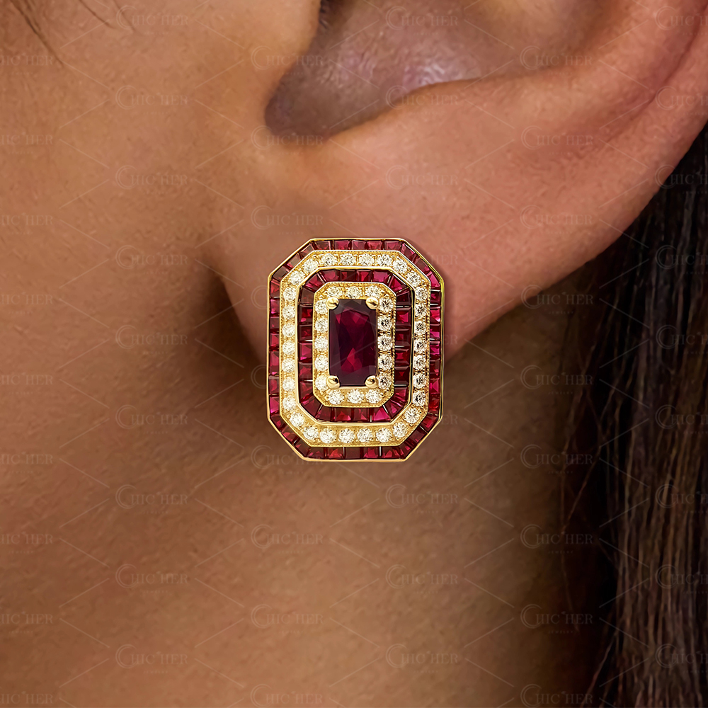 Two Tone Ruby&Diamond Stud Earrings