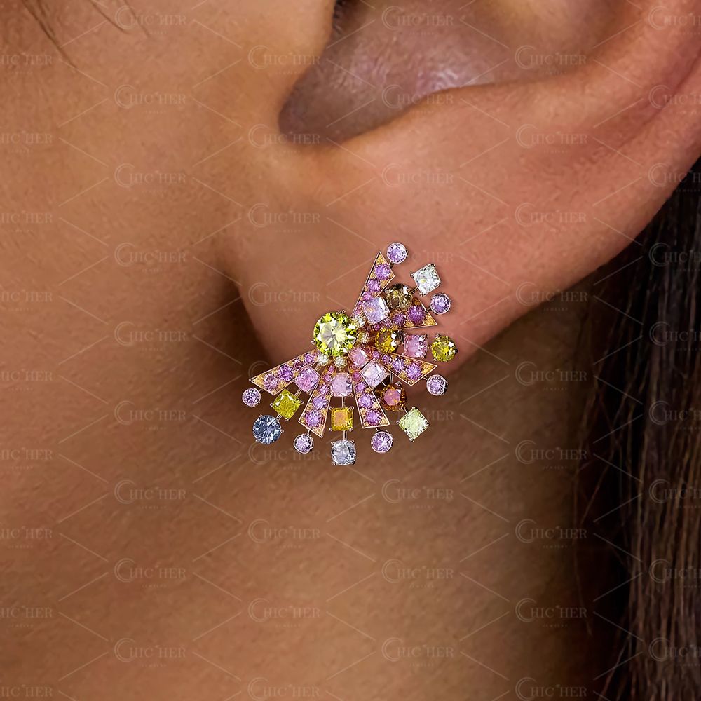 Starburst Radiant&Round Cut Colorful Gems Stud Earrings