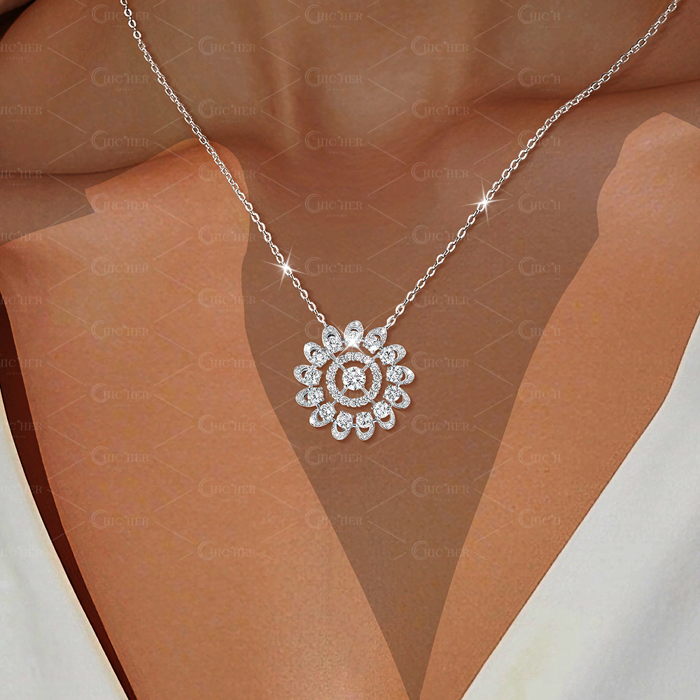 Sunflower Design Round Cut White Sapphire Pendant Necklace