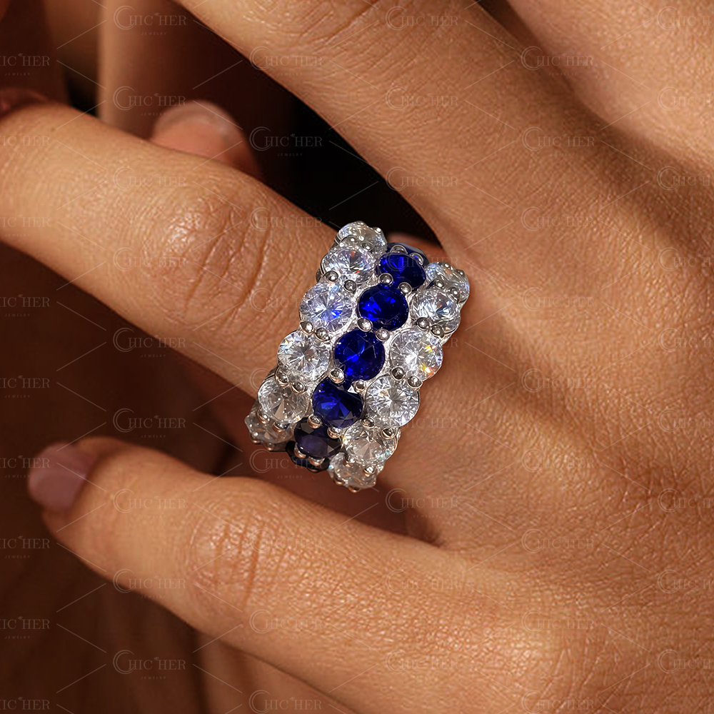 Two Style Round Cut Sapphire&Diamond Wedding Band