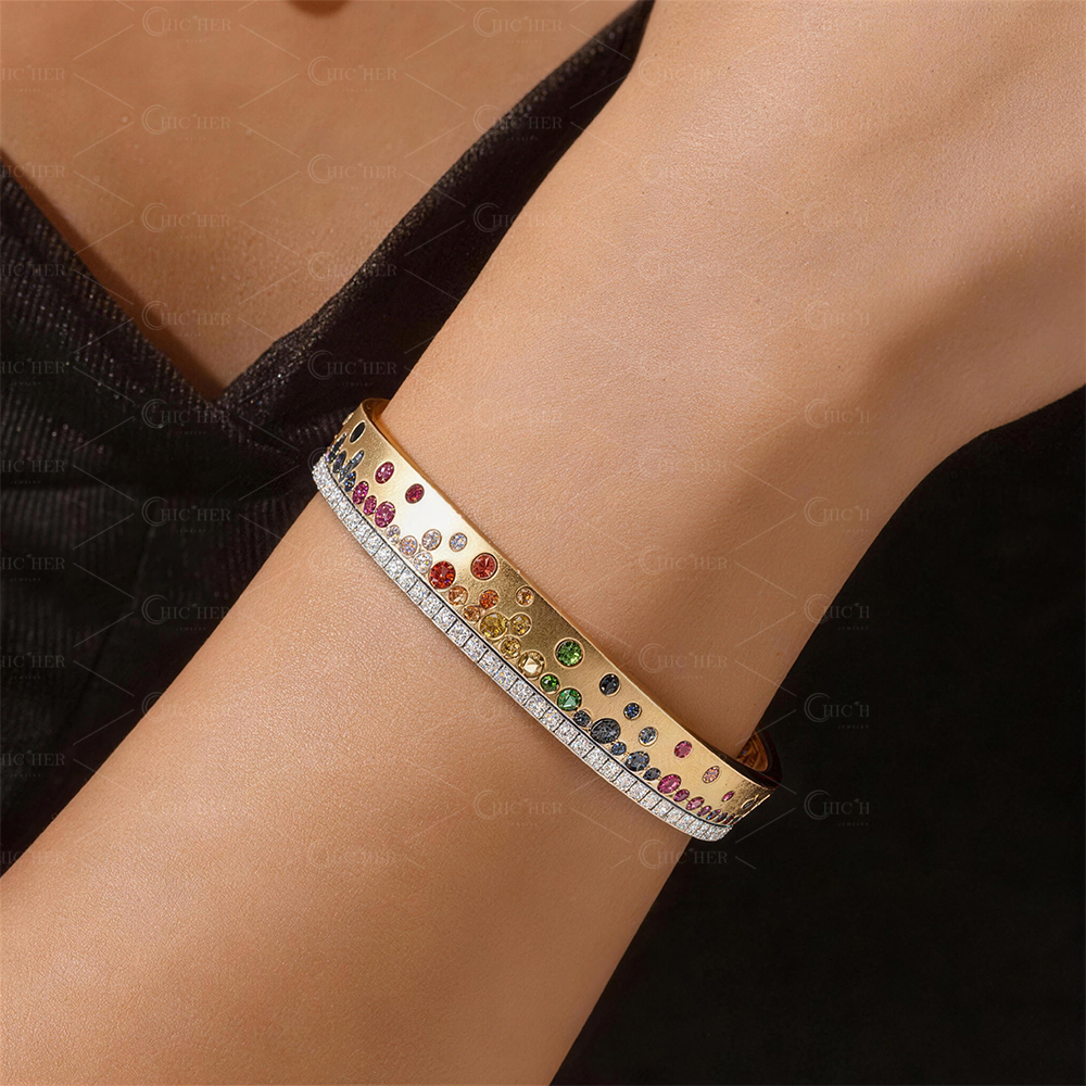 Scattered Rainbow&White Sapphire Confetti Bangle Bracelet