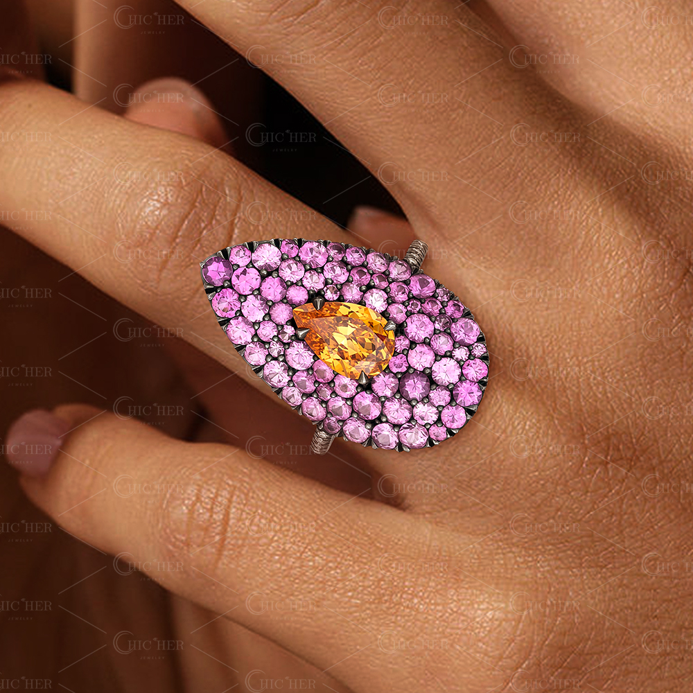 Two Tone 2ct Pear Cut Champagne Sapphire Pave Ring