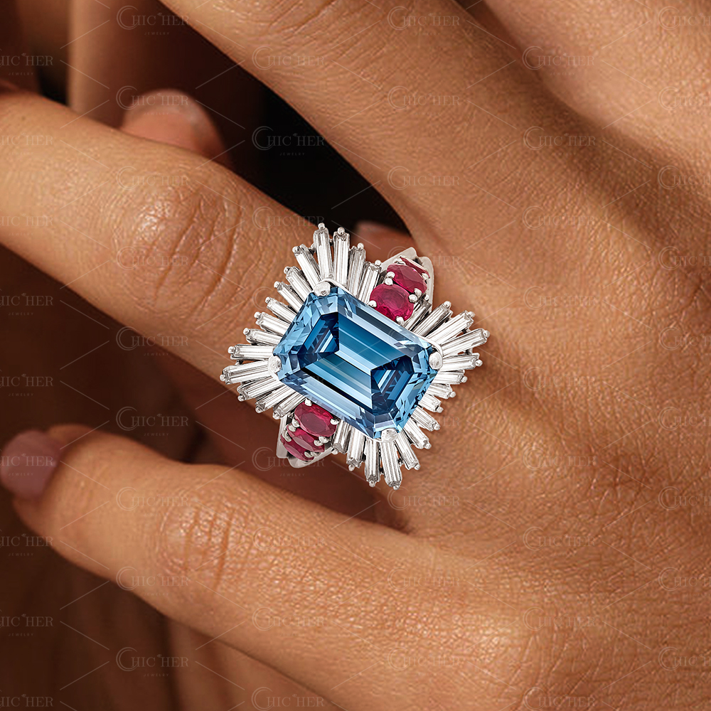 Luxury 6ct Emerald Cut Blue Sapphire Engagement Ring