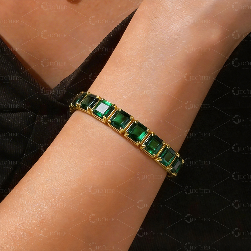 Asscher Cut Emerald Sapphire Graduated Tennis Bracelet