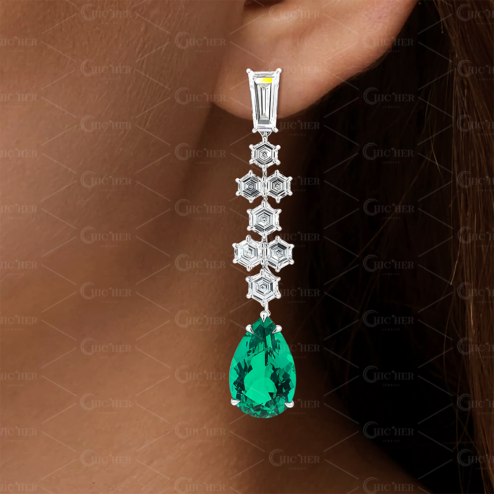 Two Tone White&Emerald Sapphire Drop Earrings